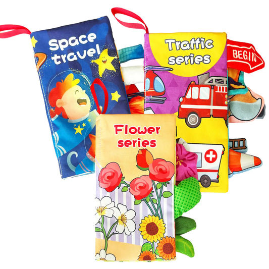 GOVOY Baby Soft Book 3pcs Cloth Book Fabric Crinkle Book for Babies Washable and Durable Space Flower Traffic Series Touch and Feel Early Educate Montessori Sensory Baby Toys Birthday Gift