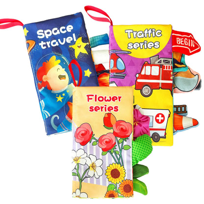 GOVOY Baby Soft Book 3pcs Cloth Book Fabric Crinkle Book for Babies Washable and Durable Space Flower Traffic Series Touch and Feel Early Educate Montessori Sensory Baby Toys Birthday Gift